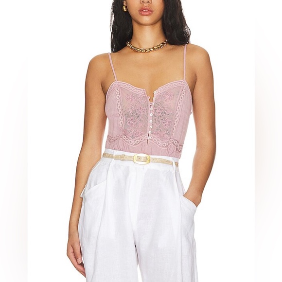 NWT Free People Still The One Lace Trim Cotton Bodysuit in La Fluer color Size M - Picture 2 of 11